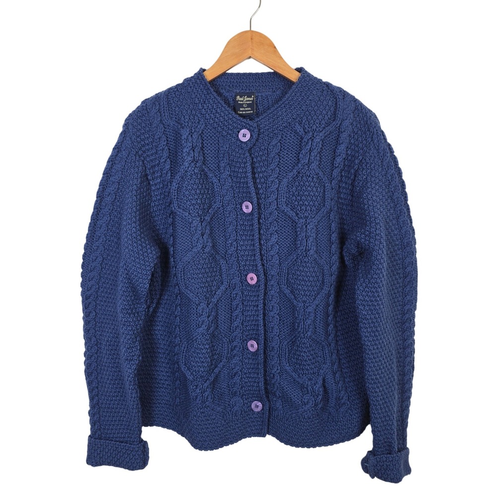 Paul James Made in England 100% Wool Blue Cable Knit Cardigan Sweater Large